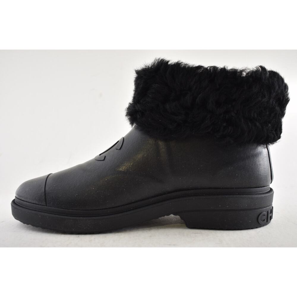 Chanel 24K Black Sheep Shearling Fur Rubber CC Low Top Short Ankle Rain Boots 42 - Picture 13 of 16